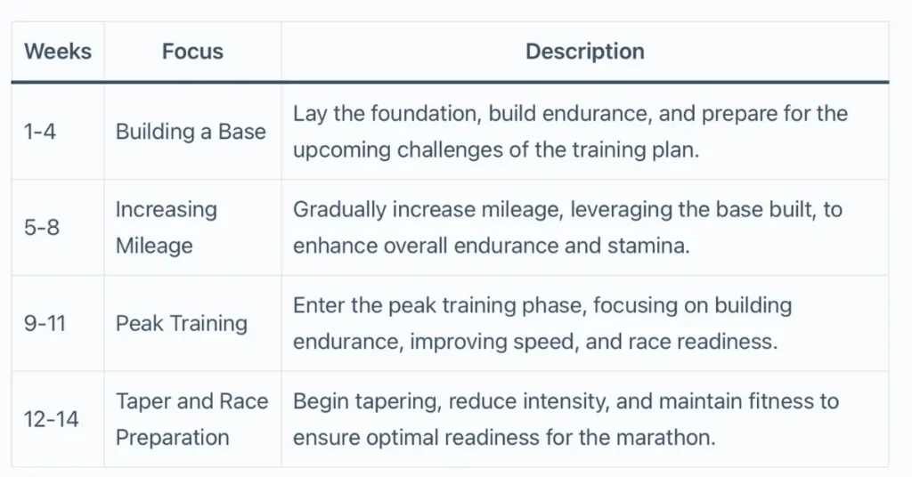 14 week marathon training plan - week overview