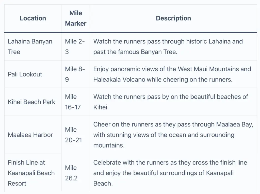 Maui Marathon Top 5 Spectator Locations Table