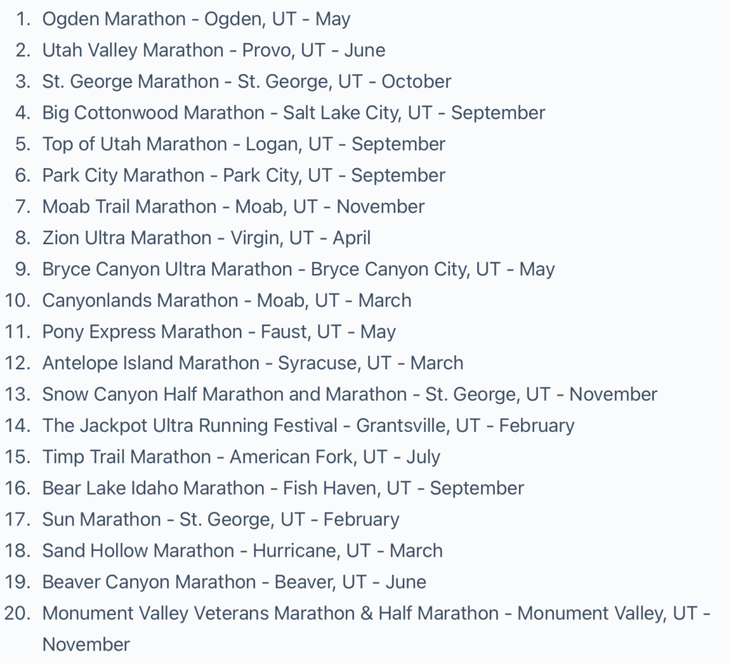 List about 20 Marathons in Utah